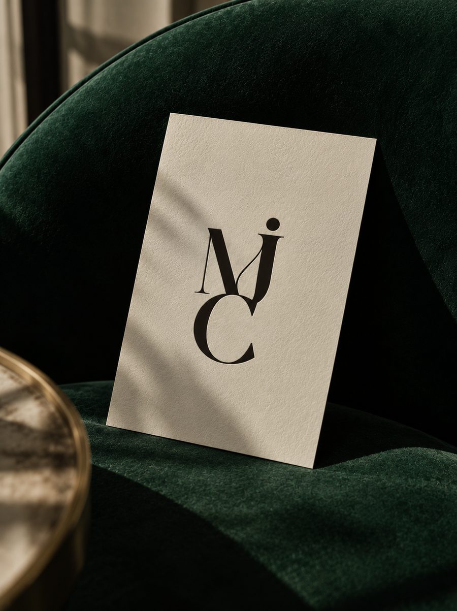 Tarjeta con el logo MJC sobre terciopelo verde